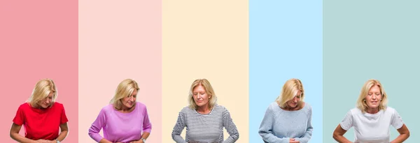 Collage Mediana Edad Mujer Hermosa Senior Sobre Rayas Colores Aislado — Foto de Stock