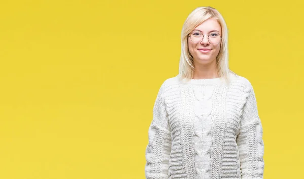 Junge Schöne Blonde Frau Winterpullover Und Brille Über Isoliertem Hintergrund — Stockfoto