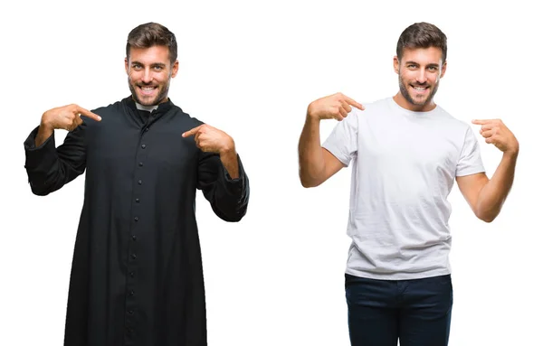 Collage Bel Giovane Sacerdote Cattolico Sfondo Isolato Guardando Fiducioso Con — Foto Stock