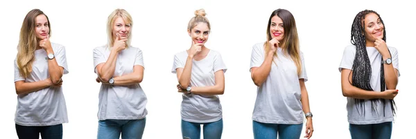 Colagem Grupo Mulher Bonita Vestindo Shirt Branca Casual Sobre Fundo — Fotografia de Stock