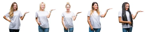 카메라를 손바닥으로 가리키는 캐주얼 티셔츠를 여자의 그룹의 콜라주 — 스톡 사진
