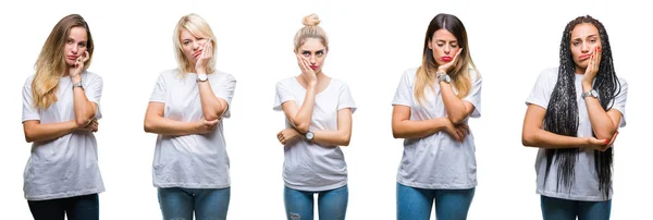 Collage Einer Gruppe Schöner Frauen Lässigem Weißem Shirt Vor Isoliertem — Stockfoto