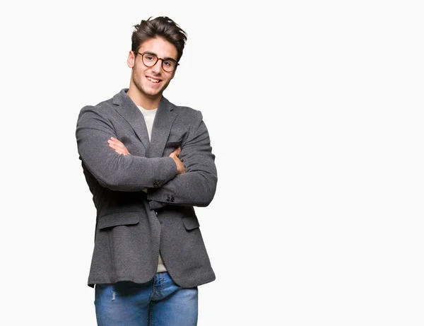 Jovem Homem Negócios Usando Óculos Sobre Fundo Isolado Rosto Feliz — Fotografia de Stock