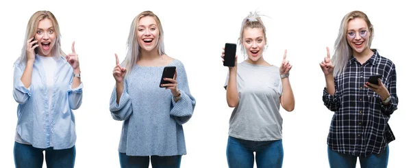 Collage Beautiful Blonde Young Woman Using Smartphone Isolated Background Surprised — Stock Photo, Image