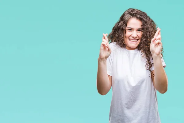 Mooie Brunette Krullend Haar Jong Meisje Dragen Casual Shirt Geïsoleerde — Stockfoto