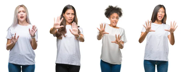 Collage Grupo Mujeres Chinas Árabes Afroamericanas Sobre Fondo Aislado Asustadas —  Fotos de Stock