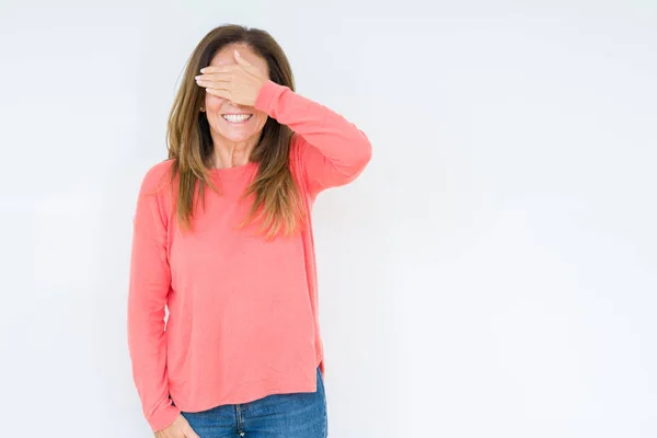 Schöne Frau Mittleren Alters Über Isolierten Hintergrund Lächelnd Und Lachend — Stockfoto