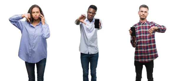Collage Jóvenes Hablando Enviando Mensajes Texto Utilizando Teléfono Inteligente Sobre — Foto de Stock