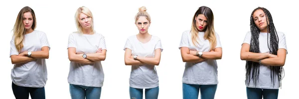 Colagem Grupo Mulher Bonita Vestindo Camiseta Branca Casual Sobre Fundo — Fotografia de Stock