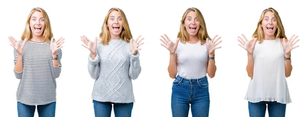 Collage Vacker Blond Kvinna Över Vita Isolerade Bakgrund Fira Galet — Stockfoto