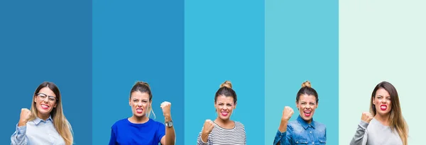 Collage Von Jungen Schönen Frau Über Blauen Streifen Isolierten Hintergrund — Stockfoto