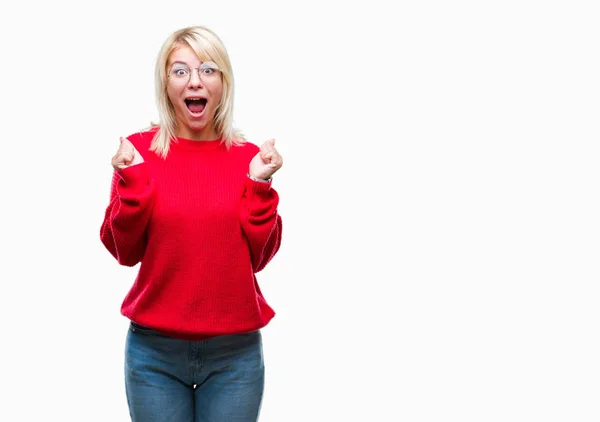 Young Beautiful Blonde Woman Wearing Sweater Glasses Isolated Background Celebrating — Stock Photo, Image