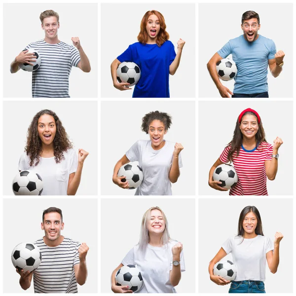 Collage Einer Gruppe Junger Menschen Mit Fußballball Vor Isoliertem Hintergrund — Stockfoto