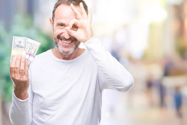 Senior Hoary Man Holding Buch Dollars Isolated Background Happy Face — Fotografia de Stock