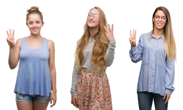 Collage Gruppen Blonda Kvinnor Över Isolerade Bakgrund Visar Och Pekar — Stockfoto