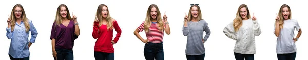 Collage Young Beautiful Blonde Woman Isolated Background Pointing Finger Successful — Stock Photo, Image