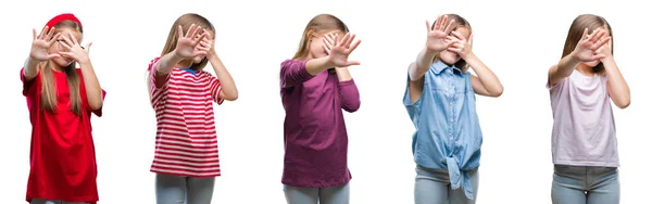 Collage Una Niña Joven Hermosa Sobre Fondo Aislado Cubriendo Los — Foto de Stock