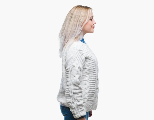 Young Blonde Woman Wearing Winter Sweater Isolated Background Looking Side — Stock Photo, Image