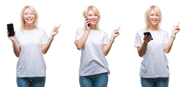 Collage Beautiful Blonde Woman Using Smartphone Isolated Background Very Happy — Stock Photo, Image