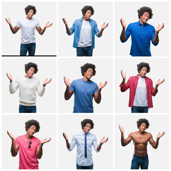 Collage Young African American Man Isolated Background Clueless Confused Expression — Stock Photo, Image