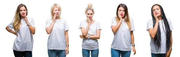 Collage Gruppen Vacker Kvinna Som Bär Casual Vit Shirt Över — Stockfoto