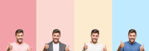 Collage Handsome Young Man Colorful Stripes Isolated Background Success Sign — Stock Photo, Image