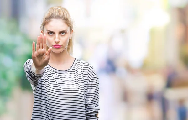 Jonge Mooie Blonde Vrouw Draagt Strepen Trui Geïsoleerde Achtergrond Stop — Stockfoto