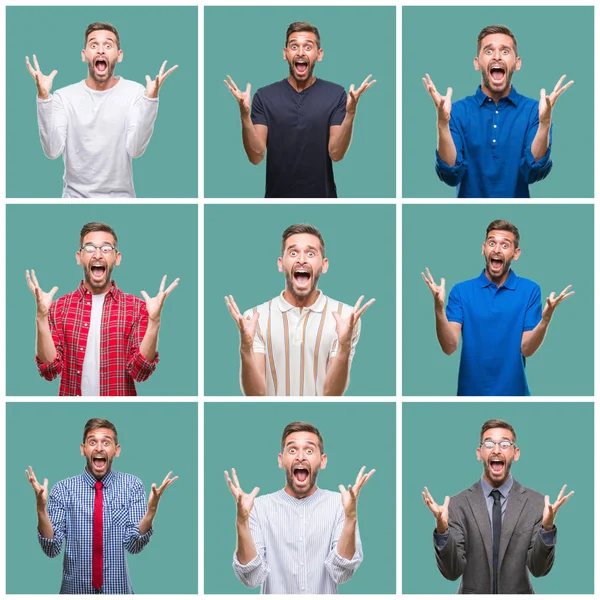 Collage Handsome Young Man Green Isolated Background Celebrating Crazy Amazed — Stock Photo, Image