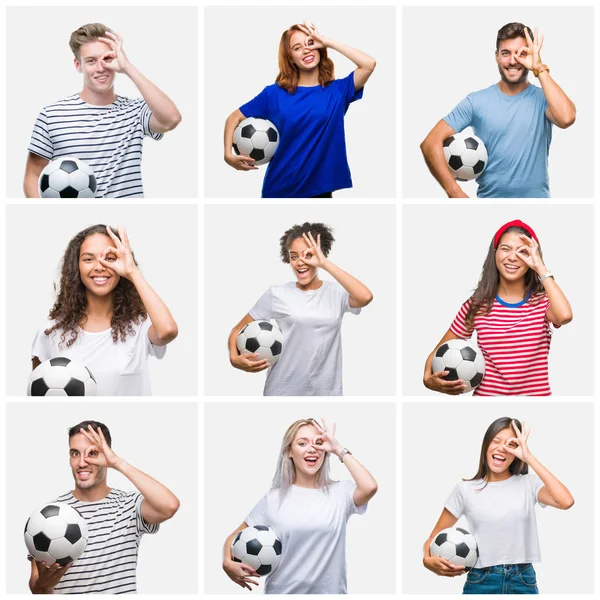 Collage Einer Gruppe Junger Leute Mit Fußballball Vor Isoliertem Hintergrund — Stockfoto