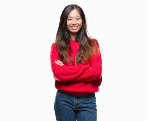 Jonge Aziatische Vrouw Winter Trui Dragen Geïsoleerd Achtergrond Blij Gezicht — Stockfoto