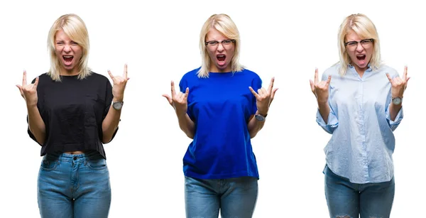 Collage Einer Schönen Blonden Frau Vor Isoliertem Hintergrund Die Mit — Stockfoto