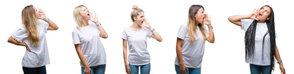 Collage Grupo Hermosa Mujer Con Camiseta Blanca Casual Sobre Fondo — Foto de Stock