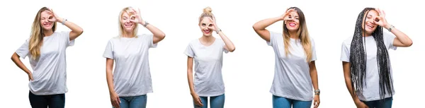 Collage Einer Gruppe Schöner Frauen Lässigem Weißem Shirt Vor Isoliertem — Stockfoto