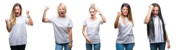 Collage Gruppen Vacker Kvinna Som Bär Casual Vit Shirt Över — Stockfoto