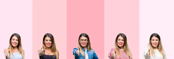 Collage Joven Hermosa Mujer Sobre Rayas Rosadas Fondo Aislado Sonriendo —  Fotos de Stock