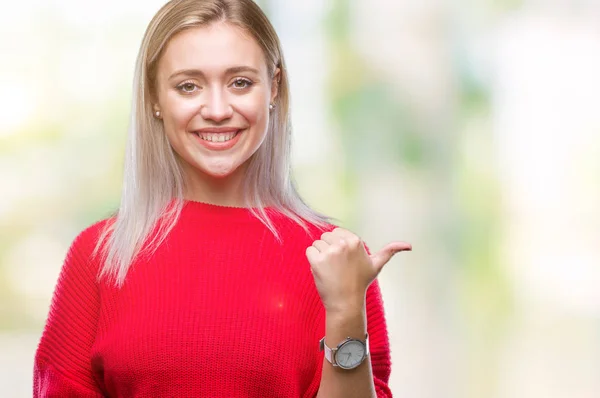 Jovem Loira Vestindo Camisola Inverno Sobre Fundo Isolado Sorrindo Com — Fotografia de Stock