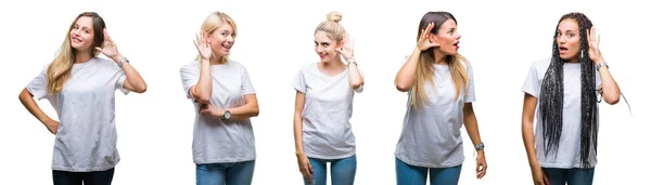 噂やゴシップに審理をリスニングの耳に手を浮かべて隔離された背景にカジュアルな白い シャツを着ている美しい女性のグループのコラージュ 難聴の概念 — ストック写真