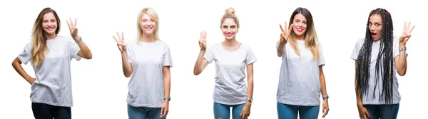 배경에 보여주는 손가락으로 가리키는 캐주얼 티셔츠를 여자의 그룹의 콜라주 자신감과 — 스톡 사진