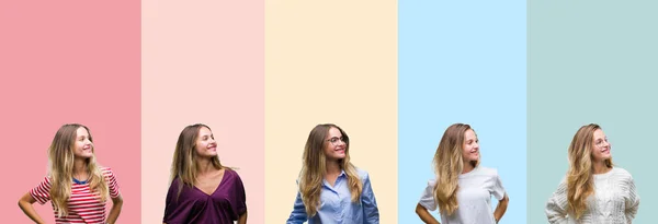 Collage Van Mooie Jonge Vrouw Kleurrijke Strepen Geïsoleerd Achtergrond Zoek — Stockfoto