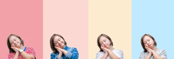 Koláž Downův Syndrom Ženy Nad Barevné Pruhy Samostatný Pozadí Spící — Stock fotografie