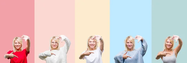 Collage Van Mooie Blonde Vrouw Geïsoleerde Achtergrond Kleurrijke Strepen Glimlachend — Stockfoto
