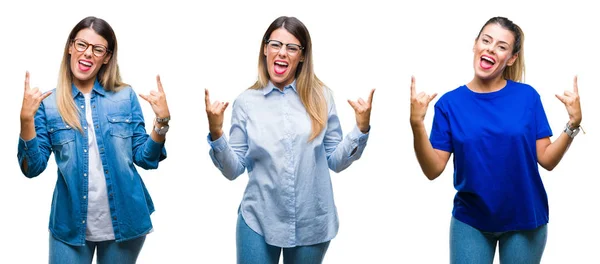 Collage Joven Hermosa Mujer Con Gafas Sobre Fondo Aislado Gritando —  Fotos de Stock