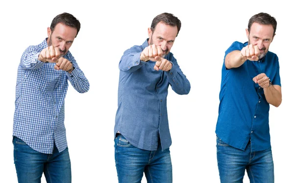 Colagem Homem Sênior Bonito Sobre Fundo Isolado Branco Punho Punho — Fotografia de Stock