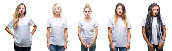 Collage Van Groep Van Mooie Vrouw Dragen Casual Wit Shirt — Stockfoto