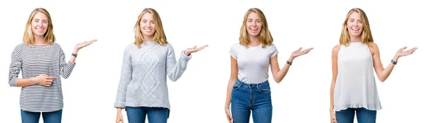 Collage Vacker Blond Kvinna Över Vit Isolerade Bakgrund Leende Glada — Stockfoto
