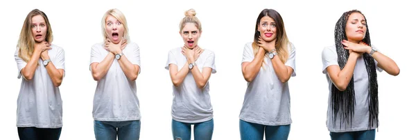 Collage Einer Gruppe Schöner Frauen Lässigem Weißen Shirt Über Isoliertem — Stockfoto