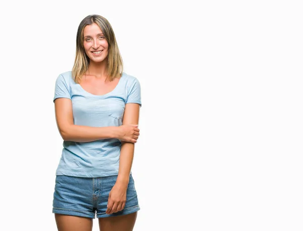 Joven Hermosa Mujer Sobre Fondo Aislado Cara Feliz Sonriendo Con — Foto de Stock