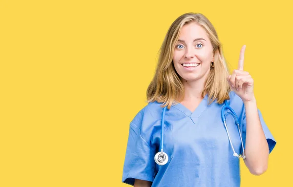 Beautiful Young Doctor Woman Wearing Medical Uniform Isolated Background Pointing — Stock Photo, Image