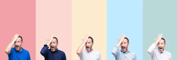 Collage Senior Hoary Handsome Man Colorful Stripes Isolated Background Surprised — Foto Stock