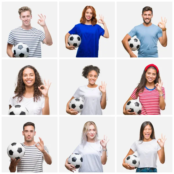Kolaż Grupy Młodych Ludzi Posiadających Piłki Nożnej Białym Tle Robi — Zdjęcie stockowe